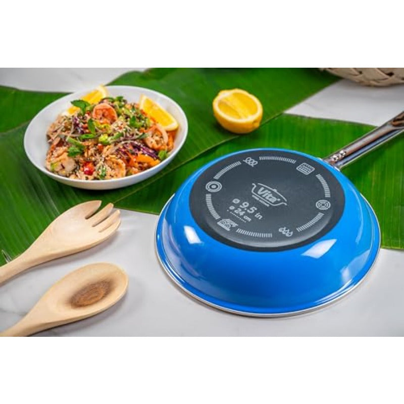 VITA 4pcs Enamel on Steel Cookware Set for Beginners - All Stove Top & Oven Safe (350°F Pan\u002F500°F Pot), Nonstick Skillet & Enameled Pot with Lids, Dishwasher Safe Induction\u002F\u002F Burn-Free Pans, Lifetime (Blue) - Made