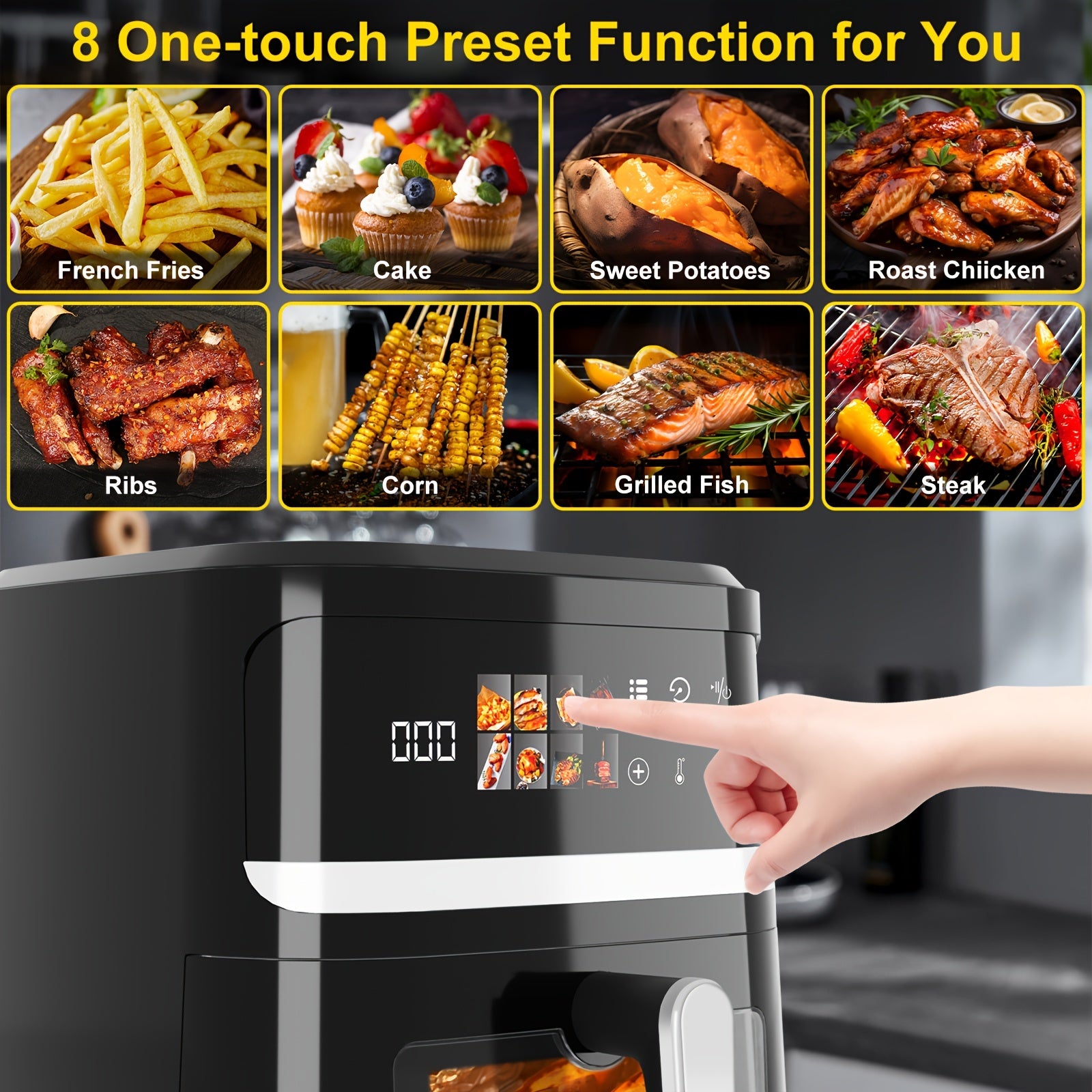 8.5 Quart Air Fryer With Smart Cooking Programs, 8 Liter Large Capacity Multifunctional Electric Fryer, Household Electronic Touch Control Air Fryers, LCD Touchscreen, Viewing Window, Interior Light, Broil, Toast, Bake, Air Fry, Oil-Free