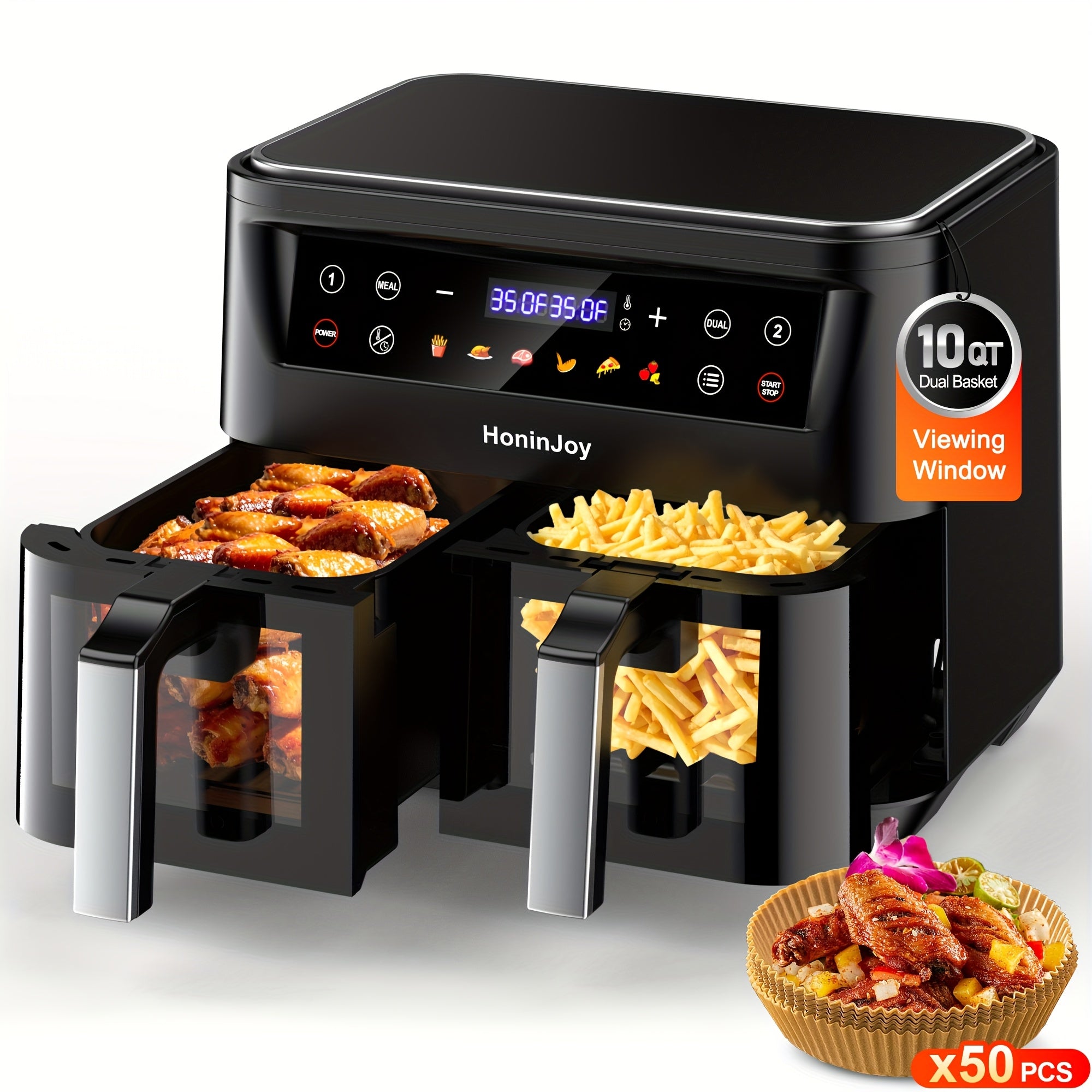 HoninJoy 10Qt 10-in-1 Dual Air Fryer, Fresh Balanced Meals for Family And Children with Double Baskets, Sync Cook & Finish to Bake, Roast, Reheat, Broil for Easy Cooking, Dishwasher Safe - Includes Air Fryer Paper Liners 50pcs