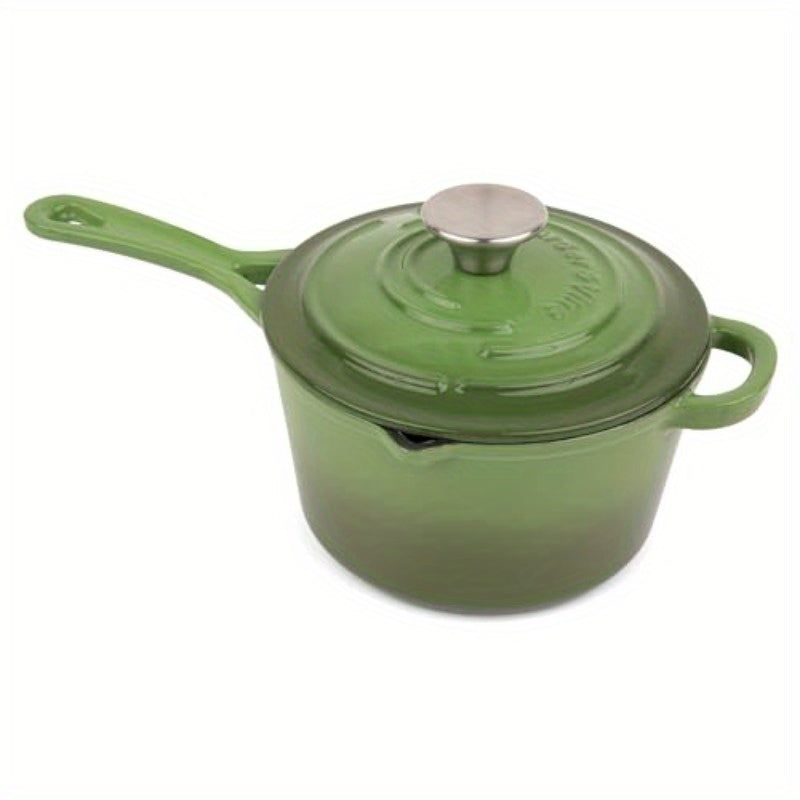 2.2 Qt Enameled Cast Iron Saucepan with Lid - Heavy-Duty Green Enamel Dutch-Style Pot, Oven Safe to 500°F, Induction Compatible, Triple-Layer Non-Stick Coating, Dishwasher Safe, Pour Spouts & Helper Handle for Soups, Stews, Sauces (PFAS