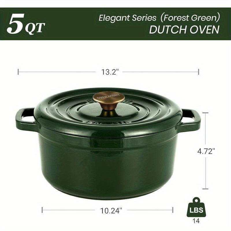 5QT Enameled Cast Iron Dutch Oven Pot with Lid, Cookbook & Potholders - Heavy-Duty Green Enamel Cookware, Self-Basting Lid, Induction\u002FStovetop\u002FOven, -Resistant, Oven- Knob & Lid Cover for Braising, Baking, Roasting